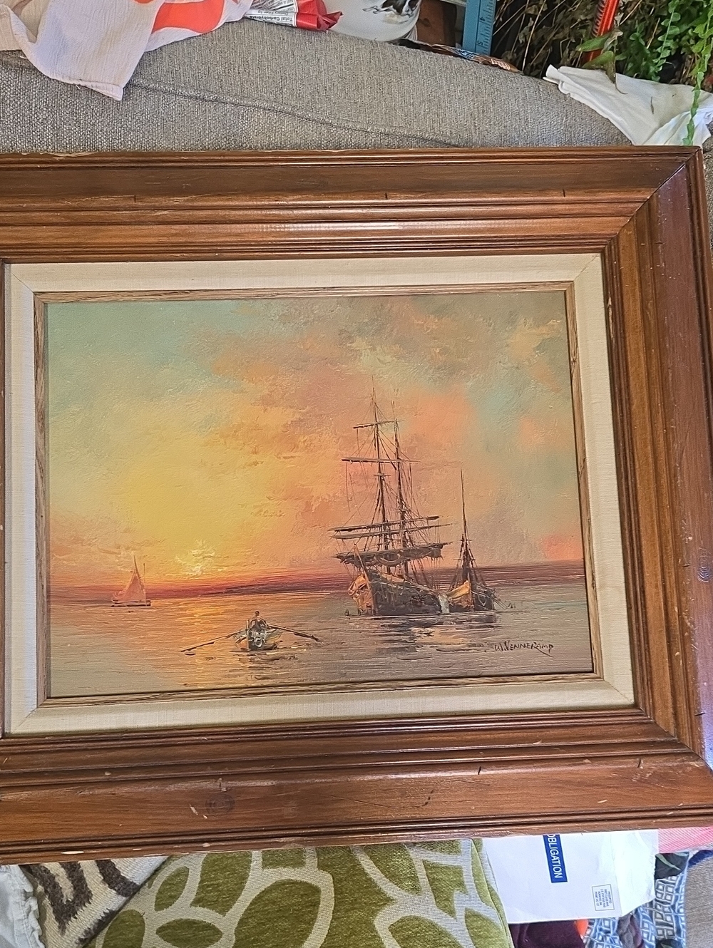 Sailing Ships At Sunset Original Oil Canvas German Artist W. Vennekamp Framed